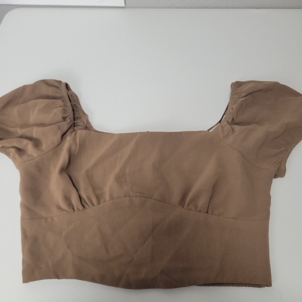 Rose & Remington Mine Womens Tan Brown Smocked Puff Sleeve Crop Top TB8598 M